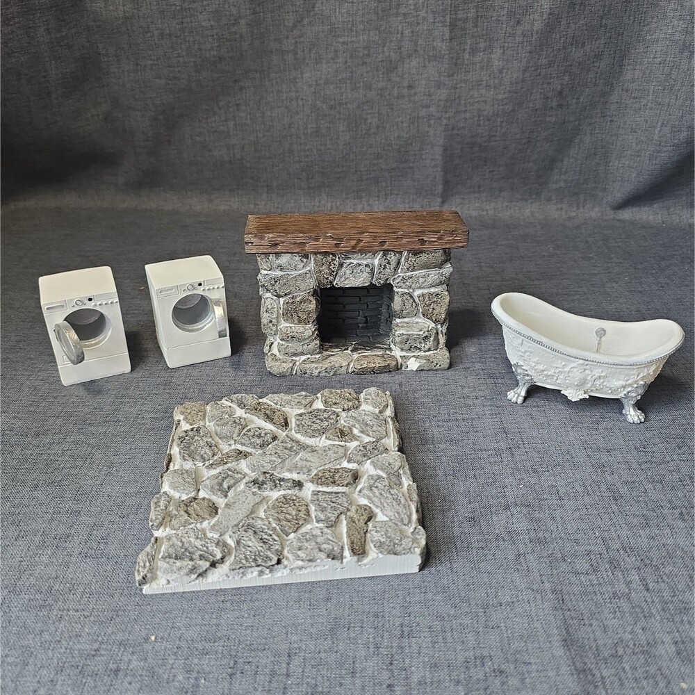 Vintage Miniature Dollhouse Pieces Claw Foored Tub Fireplace Washer Dryer Wall